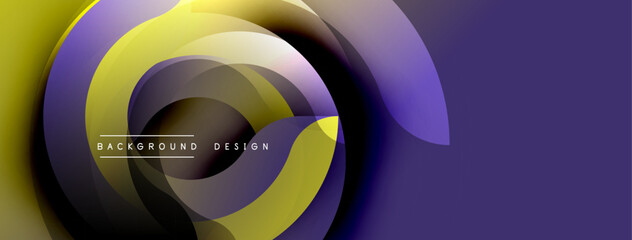 Abstract dynamic composition. Smooth flowing shapes, vibrant colors, modern design. Purple, yellow gradients create visual interest.