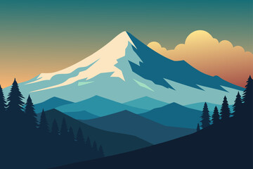 Majestic snow capped mountain peak under a colorful sunset sky with silhouetted pine trees