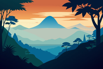 Serene mountain landscape with a distant pagoda under an orange sunset sky