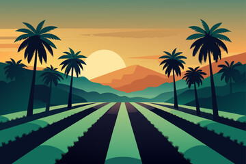 Obraz premium Vibrant sunset over a tropical landscape with palm trees and striped fields