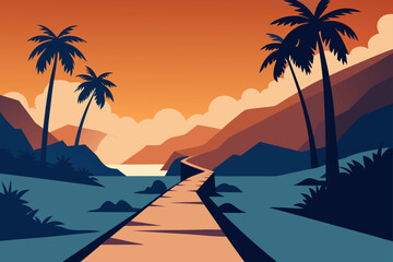 Serene tropical sunset over a coastal road lined with palm trees and mountains