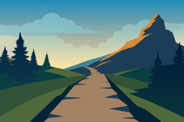 Winding mountain path through a stylized landscape at sunset