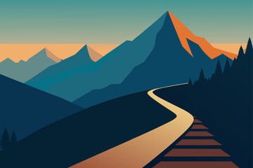 Serene mountain landscape with winding path under a gradient sky