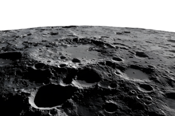 Lunar surface highlighting craters and texture on clear background
