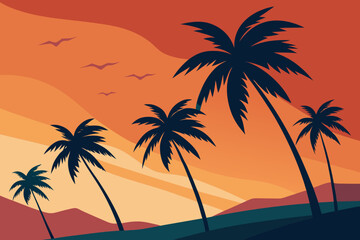 Silhouetted palm trees against a vibrant sunset sky with layered clouds and hills