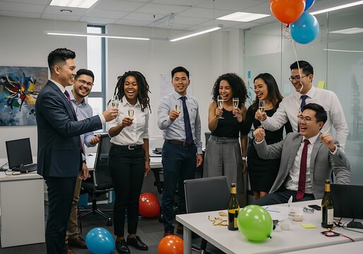 A diverse group of office colleagues celebrates with champagne and balloons in a decorated workspace, smiling and toasting together in a festive atmosphere.