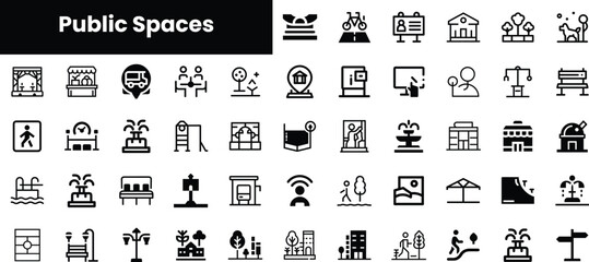 A collection of stylish black icons representing various public spaces, including parks, benches, and recreational areas, perfect for urban planning and design projects. © Purlo Hop