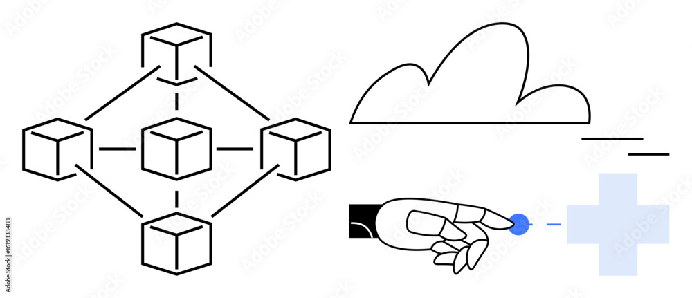 Poster interconnected blocks in a network alongside robot hand interacting with cloud and medical symbol. i