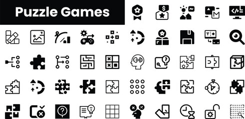 A collection of black and white icons representing various puzzle games, including pieces, scorekeeping, and strategy elements, set against a bold header.