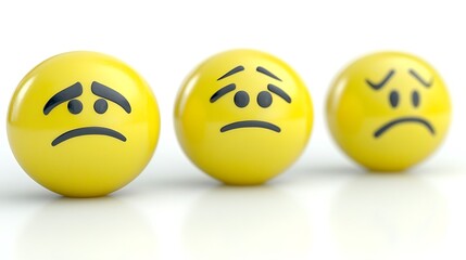 Fototapeta premium Three sad yellow faces on a white background.