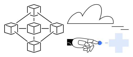 Interconnected blocks in a network alongside robot hand interacting with cloud and medical symbol. Ideal for blockchain, AI, healthcare, technology, innovation, cloud computing, digital solutions. A