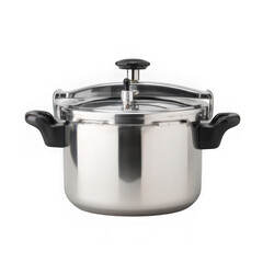A stainless steel pressure cooker with a closed lid and black handles sits ready for food preparation isolated on transparent background