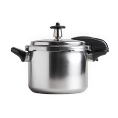 A stainless steel pressure cooker sits ready for use in a modern kitchen environment for food preparation isolated on transparent background