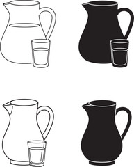 Four illustrations of pitchers and glasses two in outline and two in silhouette