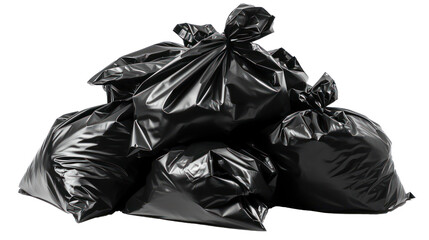 Pile of black big garbage plastic bags isolate on transparency background
