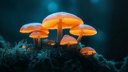 Fototapeta premium Glowing Mushrooms in Dark Forest Macro Photography