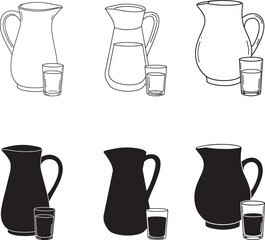 Collection of Pitchers and Glasses in Line Art and Silhouette Style