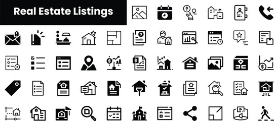 A collection of black and white icons representing various elements of real estate listings, including homes, documents, and communication tools for professionals.