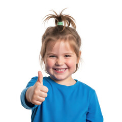 A joyful little girl with a bright smile gives a thumbs up, expressing approval or success. Perfect for themes of happiness, achievement, and positivity.