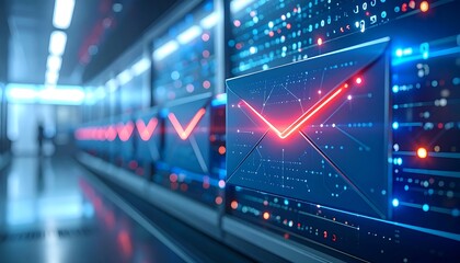 Futuristic server room with glowing email icons