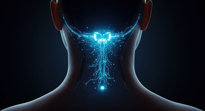 Cybernetic Spine: Glowing Blue Circuit Board Integrated with Human Neck