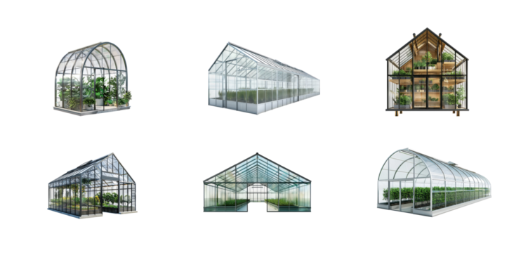 Collection of Modern Greenhouse 3d rendering front view isolate on transparency background