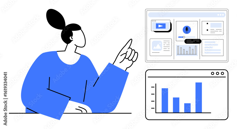 Aufkleber woman pointing at digital screens displaying charts, graphs, and interface elements. ideal for data 