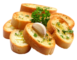 A closeup of bread with garlic and olive oil The bread is cut into slices and has a