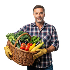 A friendly man proudly displays a wicker basket overflowing with a vibrant assortment of freshly harvested organic vegetables, perfect for healthy eating concepts.