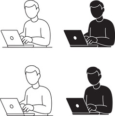 Person using laptop computer in line art and silhouette style illustration
