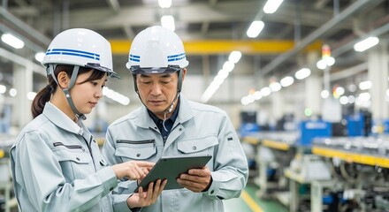 工場で新入社員を指導するベテラン社員