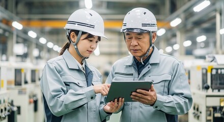 工場で新入社員を指導するベテラン社員