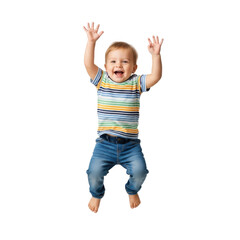 A cheerful baby boy with a big smile jumps in the air, raising his arms in excitement. He is wearing a colorful striped t shirt and blue jeans, full of joy and energy.