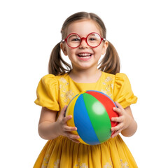 A happy young girl wearing red glasses and a yellow dress smiles while holding a colorful beach ball. Perfect for themes of childhood, play, and summer fun.