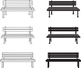 Park Bench Silhouette and Outline Set for Urban Design and Recreation