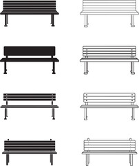 Park bench illustrations in black and white showing different styles and perspectives