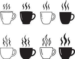 Collection of Black and White Coffee Cups with Steam Vector Illustration