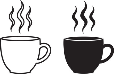 Hot Coffee or Tea Cups in Black and White Line Art Illustration