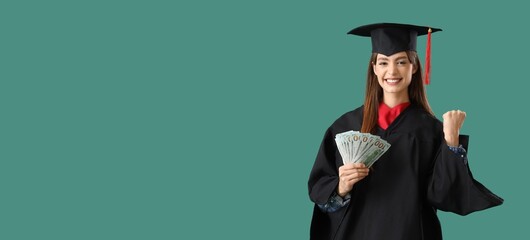 Happy female student in graduation hat holding money on green background with space for text....