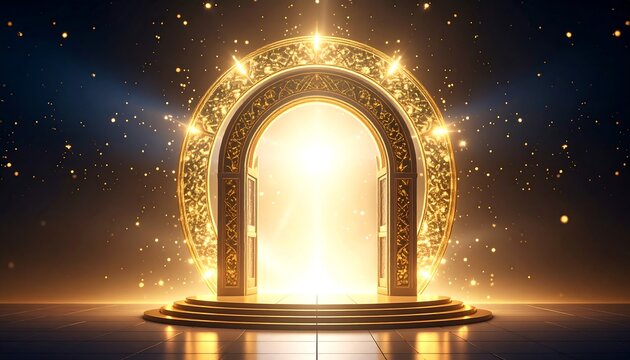 Glowing golden archway on a platform, ornate details, bright light emanating from within - Powered by Adobe