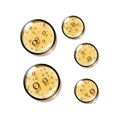 Golden yellow bubble oil or serum isolated on white background. Serum drops with air bubbles. Collagen gel, cosmetic product for skin care