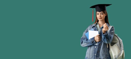 Female student in graduation hat on green background with space for text. Education savings concept
