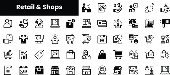 A diverse collection of retail and shop-related icons in a minimalist style, showcasing various aspects of shopping and commerce.