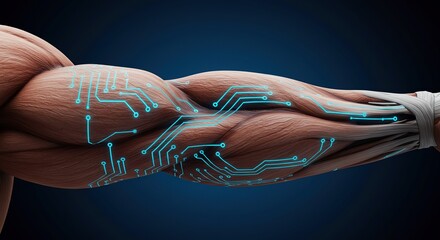 Bio-Digital Fusion: Luminous Circuit Pathways on Anatomical Arm Muscles