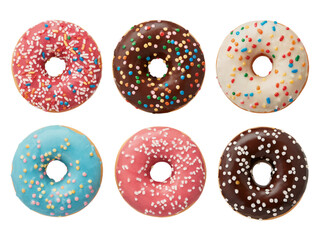 Fototapeta premium Delicious assorted donuts with colorful sprinkles for bakery and cafe ads png isolated on white background