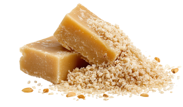 Two light-tan, rectangular fudge bars rest atop a bed of crumbled, light-tan, granular topping