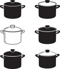 Collection of Cooking Pots and Pans in Black and White Line Art