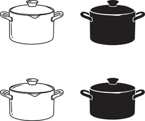 Four Cooking Pots in Black and White Line Art Illustration