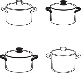 Collection of Cooking Pots with Lids in Black and White Line Art Style