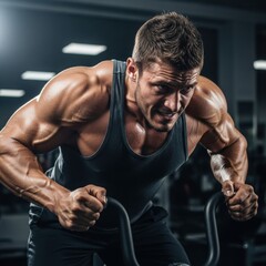 Fototapeta premium Intense Back Workout on Air Bike Machine for Maximum Muscle Engagement